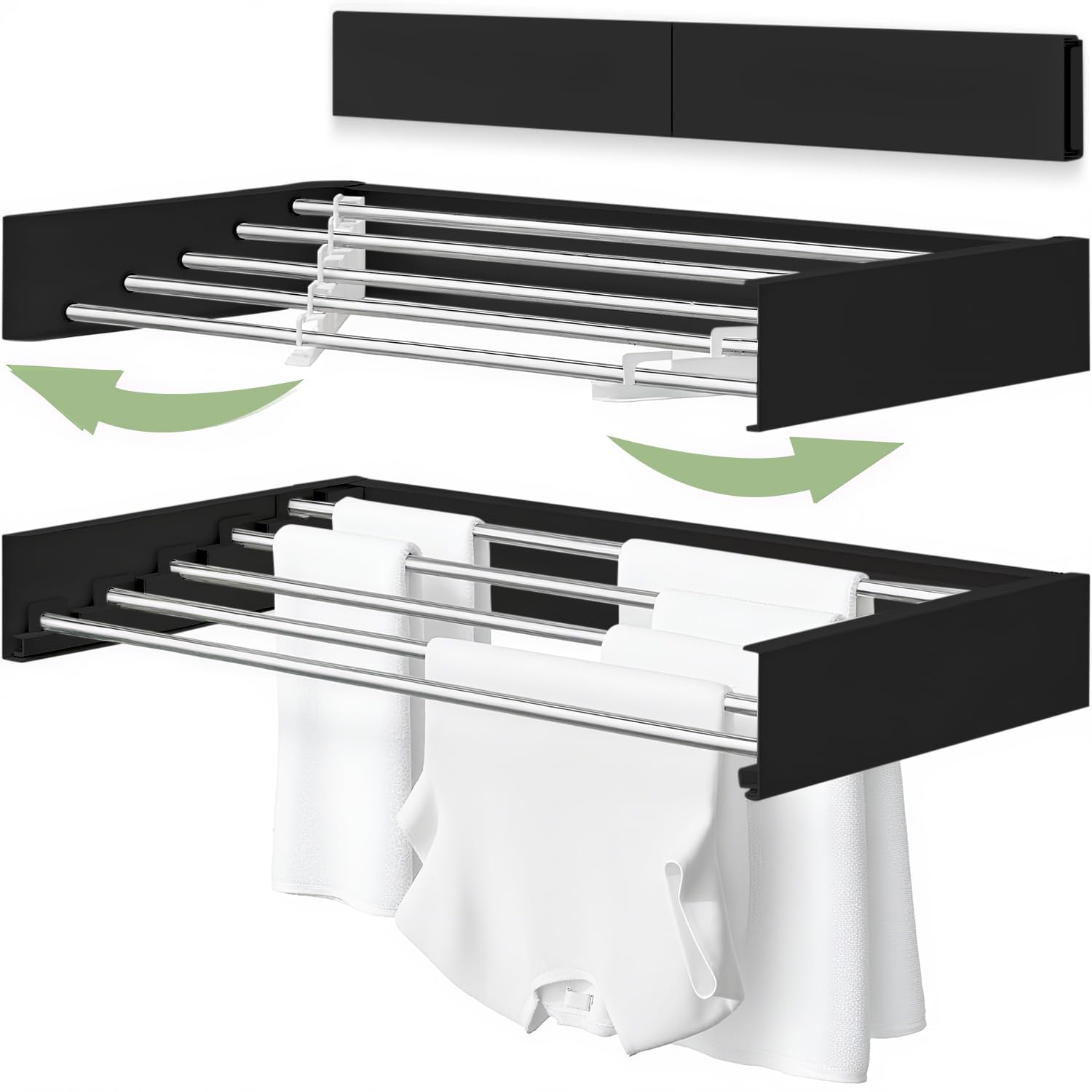 Wall Mounted Clothes Drying Rack 5 Aluminum Rods Collapsible White 32 inches Black 32