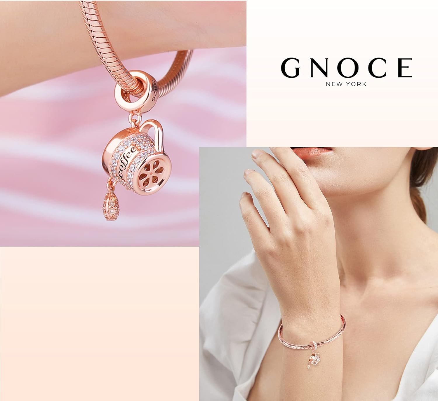 GNOCE Rose Gold Coffee Cup Pendant Charms for Bracelet/Necklace 925 Sterling Silver Dangle Charms For Women Mom Daughter Wife Jewelry Gift