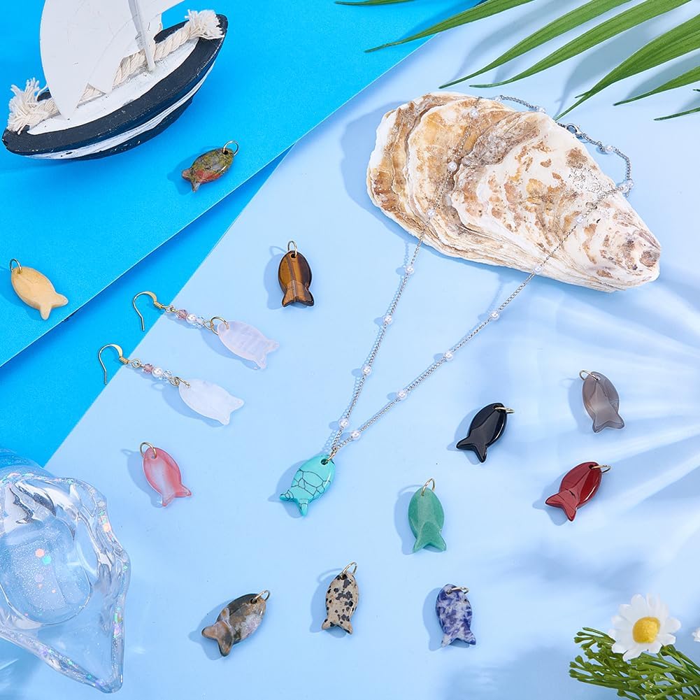 SUPERFINDINGS 14Pcs 14 Colors Gemstone Fish Charms Natural Stone Fish Charms Tropical Fishes Pendants Cute Crystal Sea Animal Pendants with Stainless Steel Jump Ring for Jewelry Making
