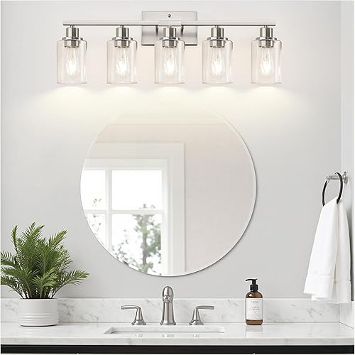 Miniatura 100 de Lámparas de baño de 3 luces, luces de tocador de latón para baño con pantallas de vidrio transparente, modernos apliques de pared de baño