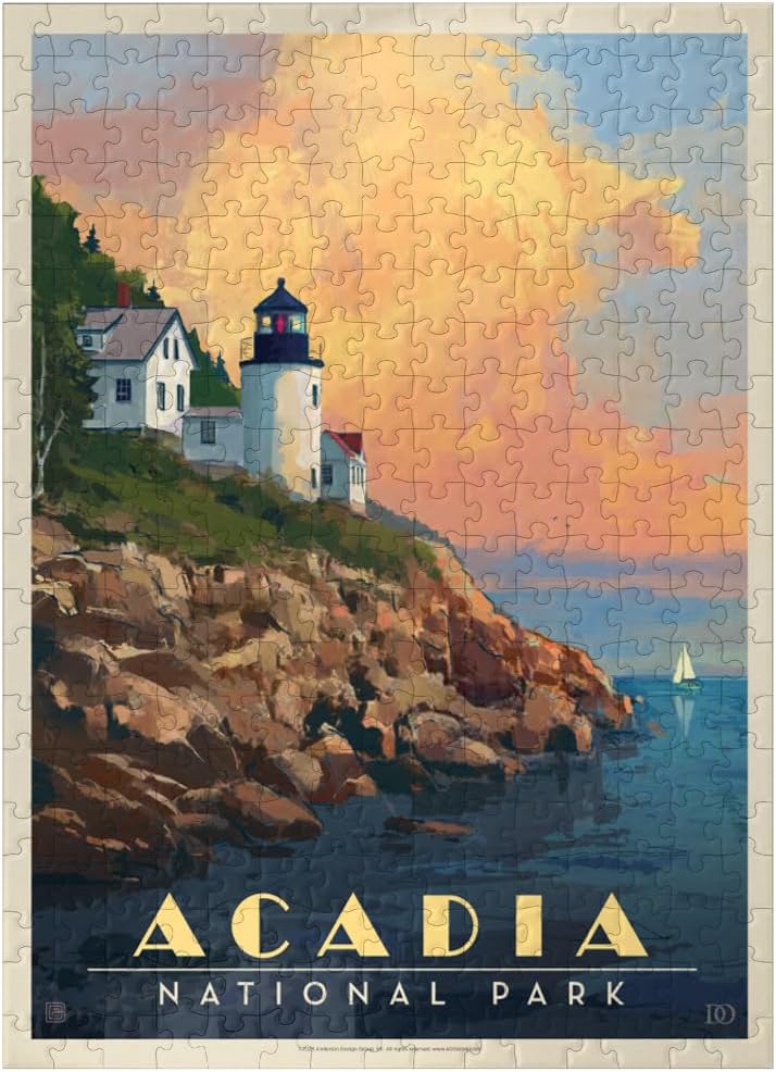 MyPuzzle Acadia National Park: Lighthouse, Vintage Poster - Premium 1000 Piece Jigsaw Puzzle for Adults