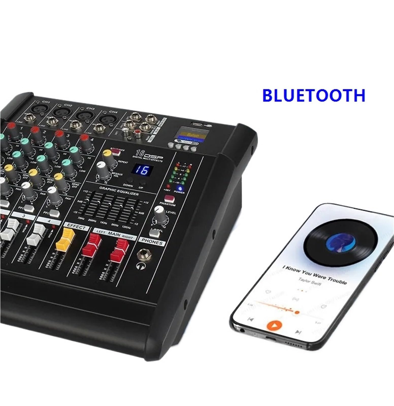 Controlador de DJ, Mezclador amplificador de potencia de 4 vías, 500 W, mezclador de DJ, equipo de escenario, mezclador de computadora, teléfono móvil, grabación en por Bluetooth