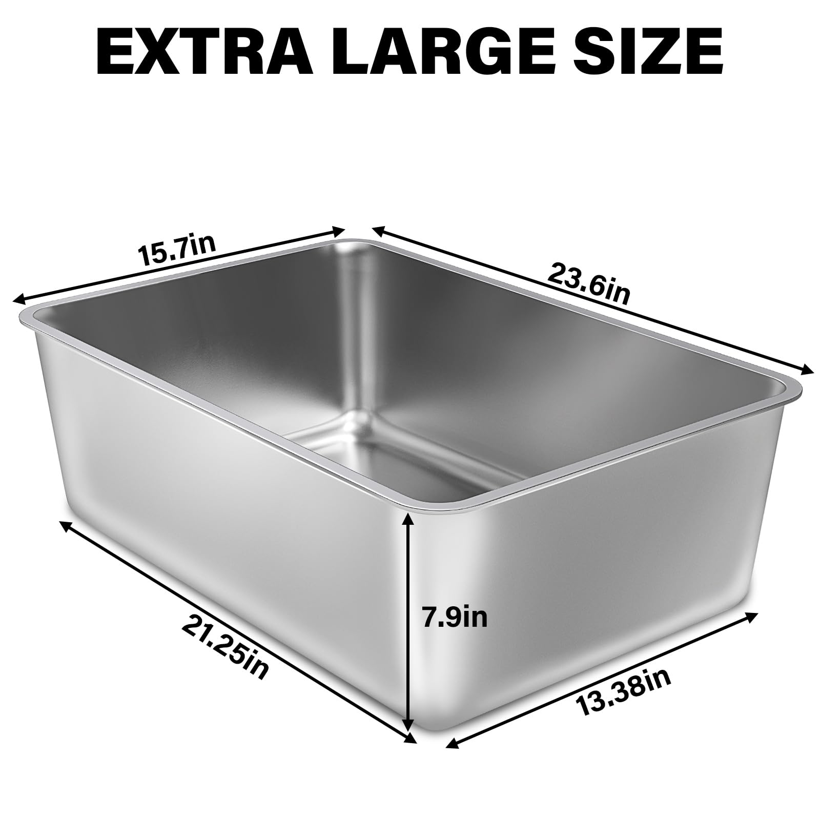 FUTAM 2 Pack Stainless Steel Cat Litter Box, 23.6"x15.8"x8" XXL Stainless Steel Litter Box 8 inch Deep, Extra Large Metal Litterbox for Big Cats, Non Stick Easy Clean Surface, High Sided - image 2
