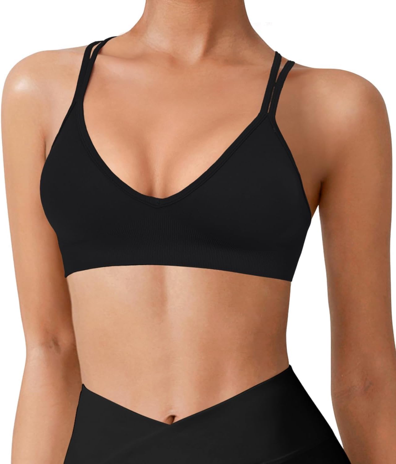 VEQING Seamless V-Neck Women Sports Bras, Padded Cross Back Wireless Low Impact Workout Yoga Bras for Small Chests, 3 Pack - Image 2