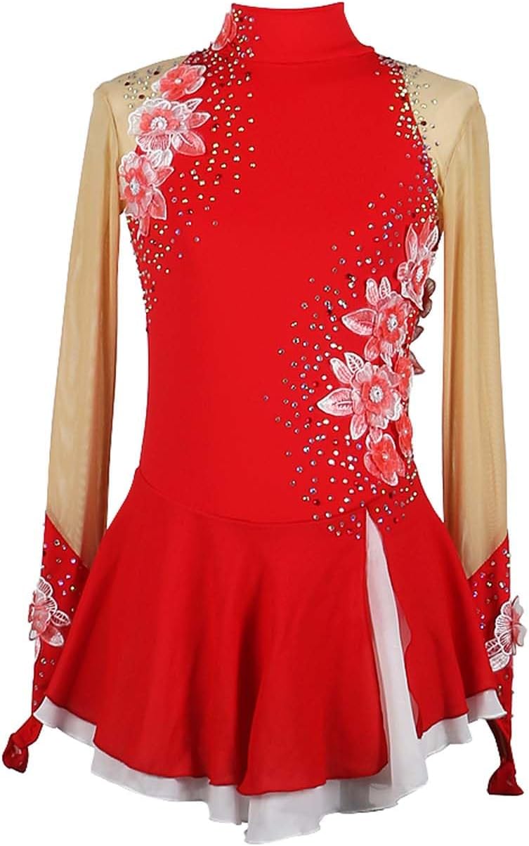 Women's Long Sleeve Figure Ice Skating Dress,Three-Dimensional Petals Shiny Rhinestone Ballet Skirted Leotard Dresses