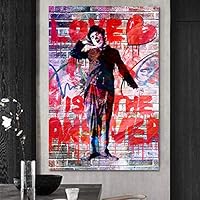 SIGNWIN Framed Canvas Wall Art Love is The Answer Charlie Chaplin with Red Heart Graffiti & Street Art Famous People Pop Art Modern Urban Multicolor for Living Room, Bedroom, Office - 12x18 inches