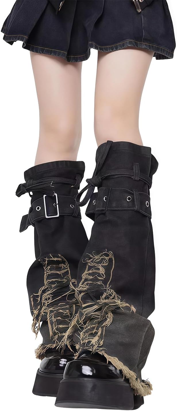 Y2k Denim Leg Warmer with Belt for Girls Women Gothic Punk Starry Streetwear Leg Cover Costume Party Accessory