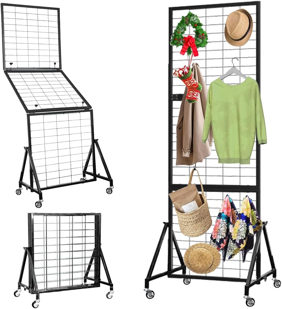 Rectangle Gridwall Panel Display Stand, 2.25' x 6.1' FT Heavy Duty Foldable Gridwall Panels, Grid Wall Panels Movable Art Display Shelf with Triangle Base and Braked Wheels (1)