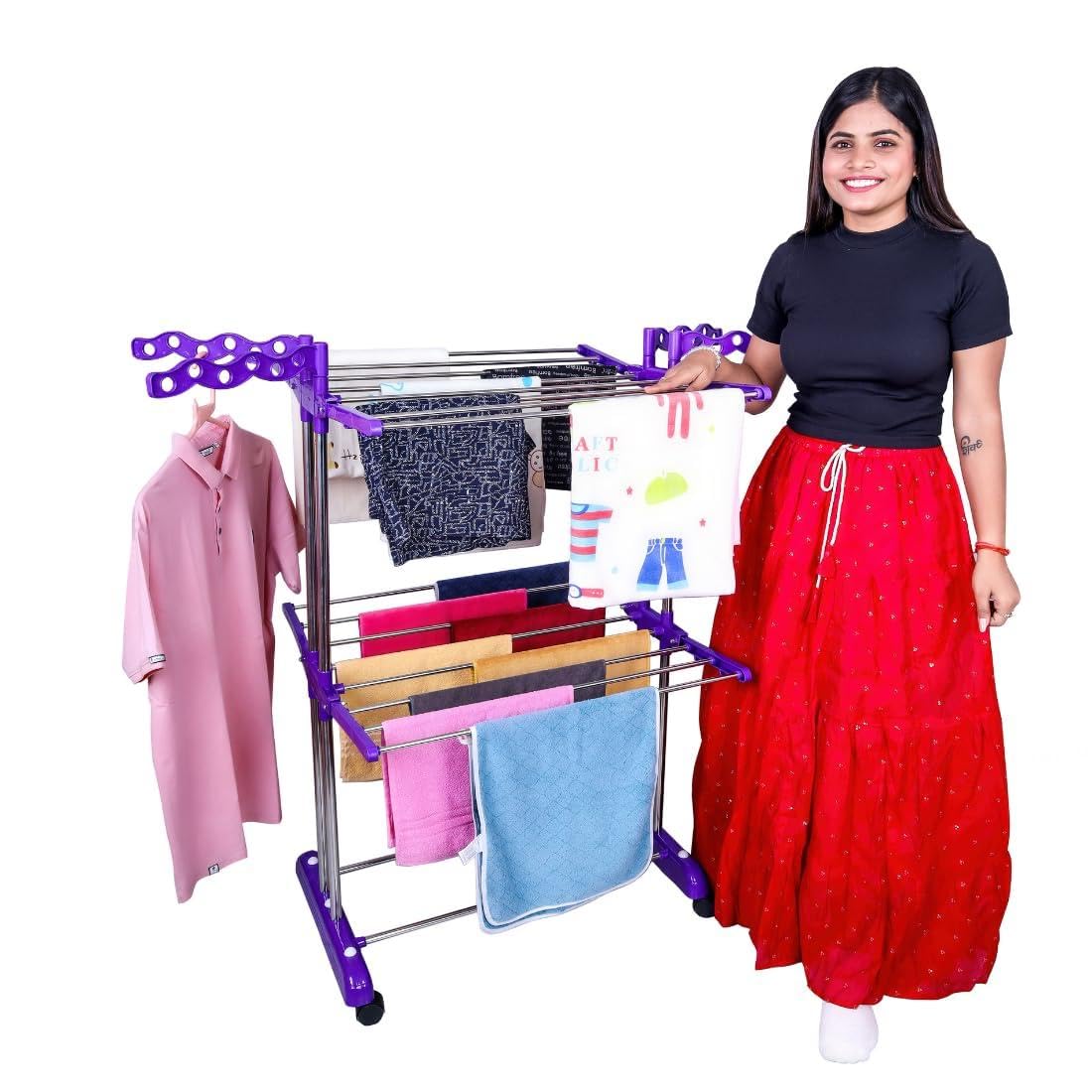 UNIZONE Premium Multi-Tier Stainless Steel Foldable Clothes Drying Rack with Wheels | 360° Adjustable Wings, 16 Hanging Rods & 24 Hanger Slots | Heavy Duty Space Saving Cloth Dryer Stand (Purple)