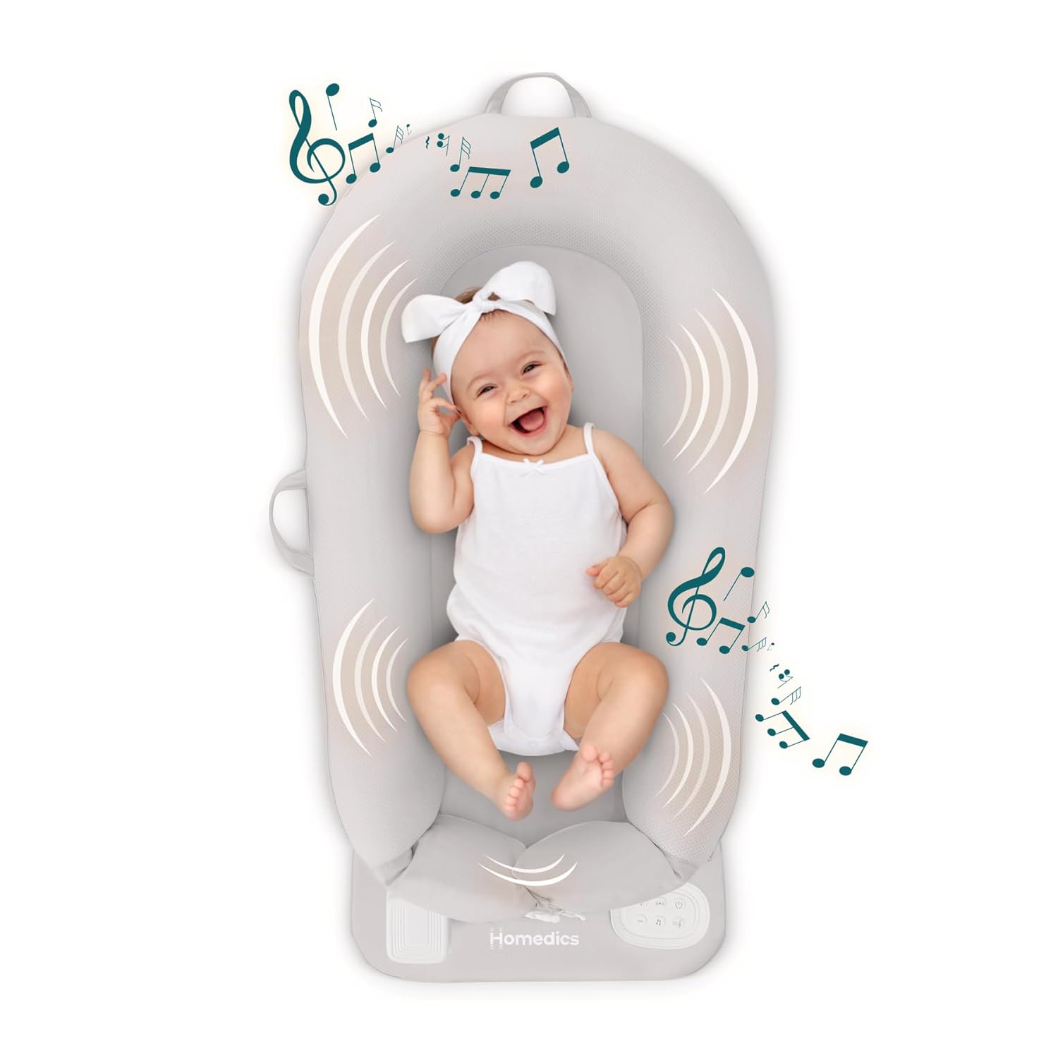 Homedics 3-in-1 Calming Baby Cushion, Soothing Comfort for Newborns & Infants, Snuggling Sensation, Sound and Vibration, Designed for Safety, Cordless, Rechargeable & Machine-Washable, Gray