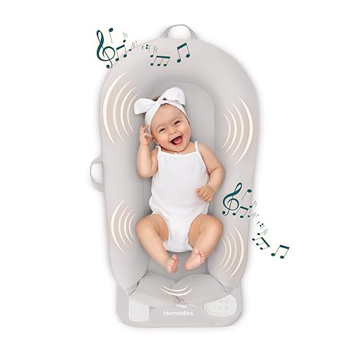 MyBaby 3-in-1 Calming Baby Cushion, Soothing Comfort for Newborns & Infants, Snuggling Sensation, Sound and Vibration, Designed for Safety, Rechargeable & Machine-Washable, by Homedics, Gray