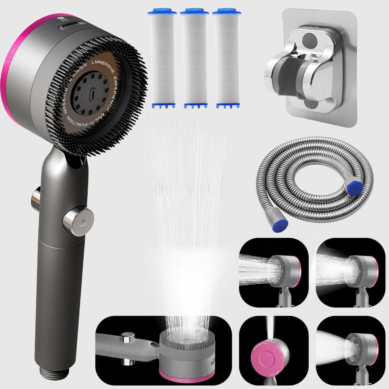 High Pressure Shower Head, 4 Spray Modes Shower Heads with 1.5M Shower Hose, Hard Water Filter Showerhead with ON/Off Switch, Handheld Massage Powerful Shower Head for Chlorine Remove, Purplish Grey