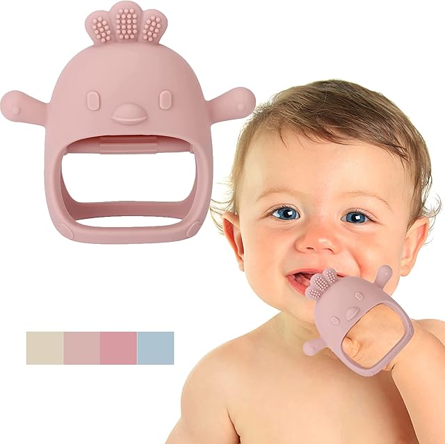 EXGOX Silicone Teether Mitten,Baby Silicone Teething Toys 3D Shape Silicone Teether Gloves for Sucking Needs and Prevent Finger Sucking Massages Gums, for Over 4 Months Breast Feeding Baby (Pink)