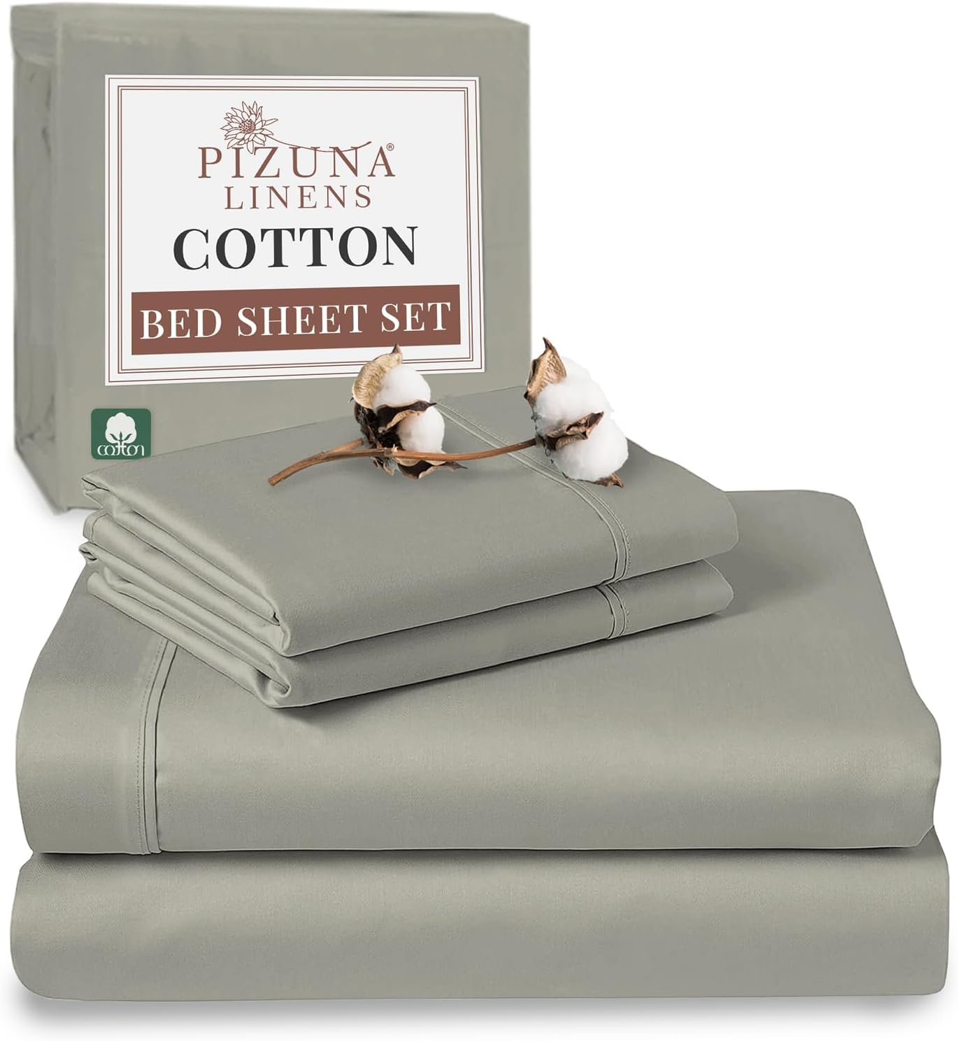 Pizuna Pure 100% Cotton Bedsheet Double Size Set Silver,400 Thread Count Cozy Luxury Long Staple Cotton Sateen Weave Bed Sheet Set (1 Flat Sheet, 1 Fitted Sheet, 2 Pillowcases)