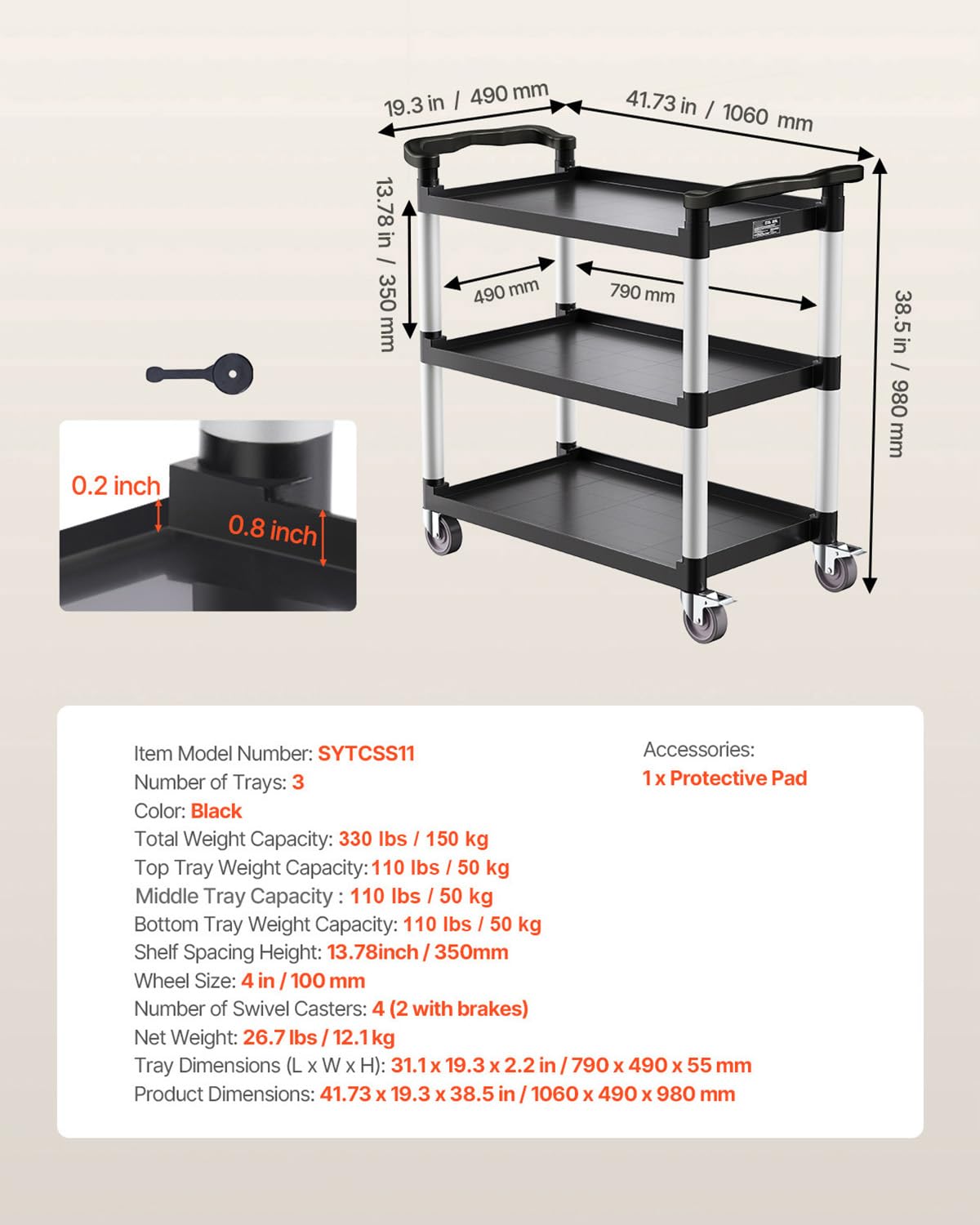 VEVOR Carrello Portavivande, Capacità di Carico 226 kg Carrello per Servizi Alimentari in Plastica a 3 Livelli da 790 x 490 mm con Ruote Girevoli 360° per Magazzino, Ufficio, Casa, Ristorante, Cucina