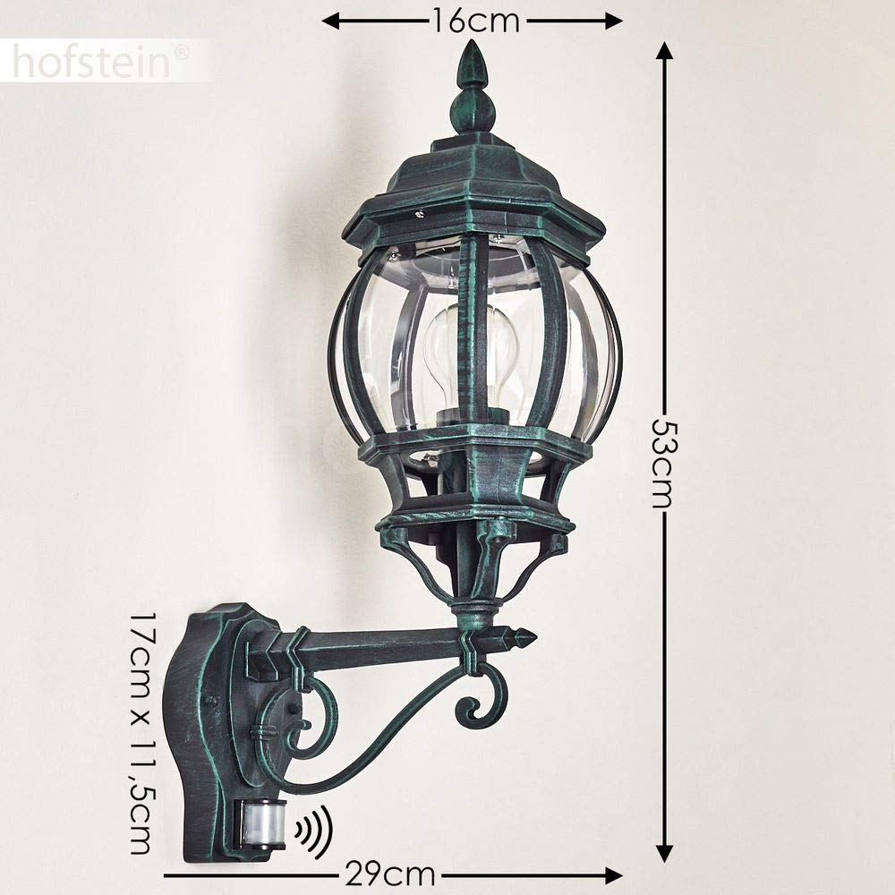 HOFSTEIN Außenwandleuchte Lentua, Außenwandlampe mit Bewegungsmelder aus Metall/Kunststoff in Schwarz-Grün/Klar, Wandleuchte Up im Retro/Vintage-Design, E27, IP44, Eingangsbereich, Terrasse, Haustür