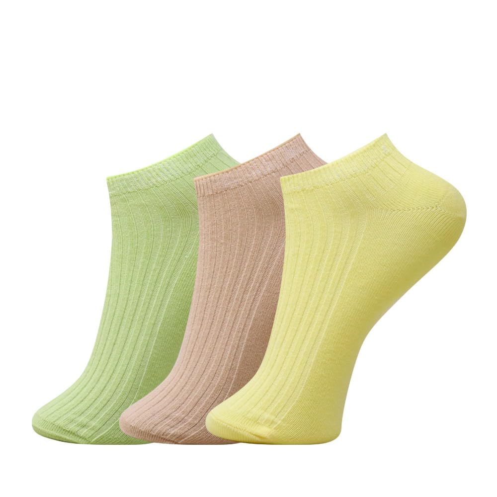 Womens Cotton Cut Length Socks PO3 | Soft, Breathable & Stretchable Ribbed Casual Socks | Solid Pastel Colors | GREEN,KHAKI,YELLOW-image-47