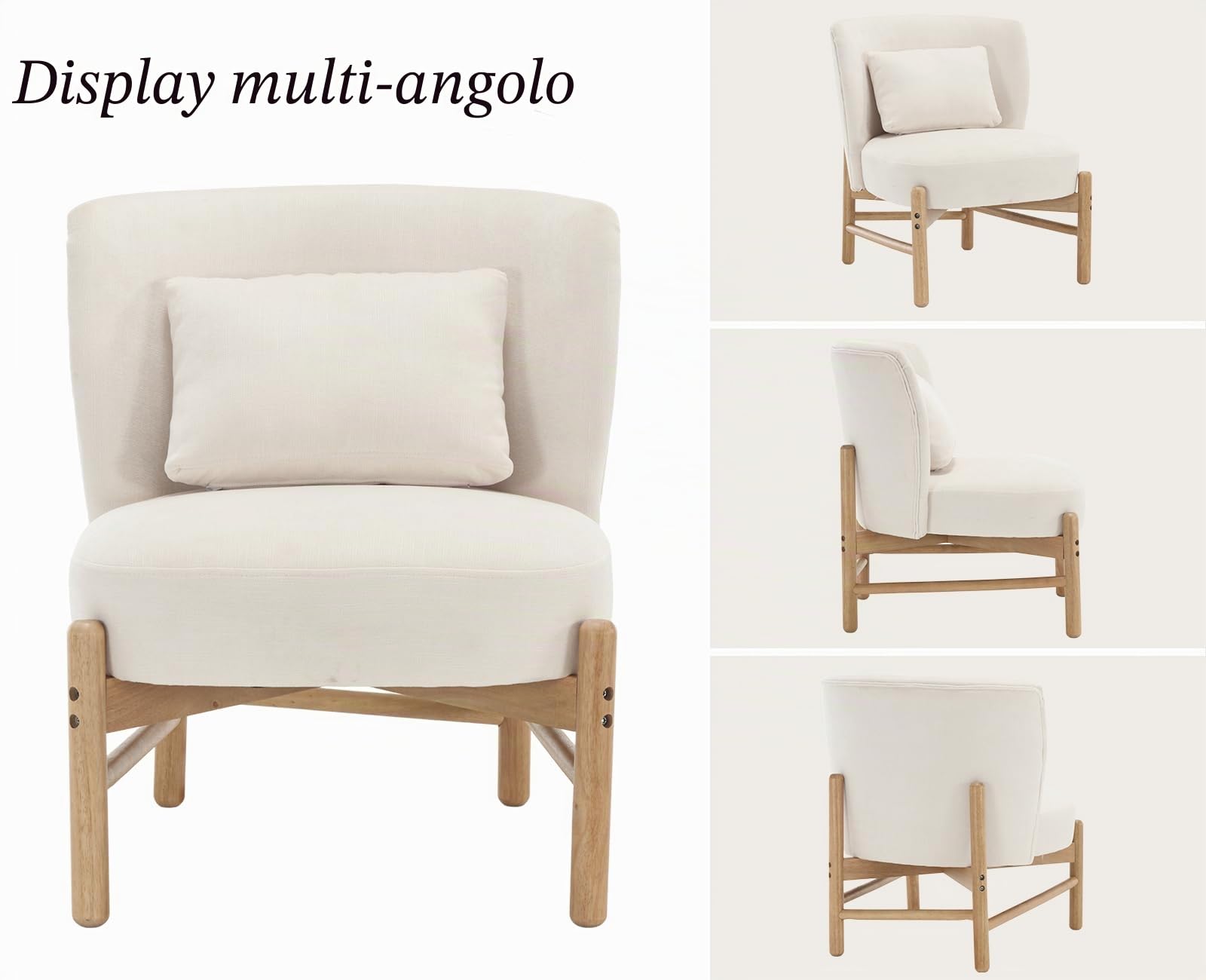 chairus Sedia da salotto con cuscino lombare, senza braccioli, in ciniglia, imbottita, con gambe in legno, colore: bianco