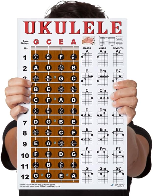 Ukulele Chord Chart Fretboard Note Soprano Concert Tenor Uke 11x17 | Laminated Chart 21 chords Fretboard Notes soprano concert tenor uke gCEA tuning lessons music teachers practice