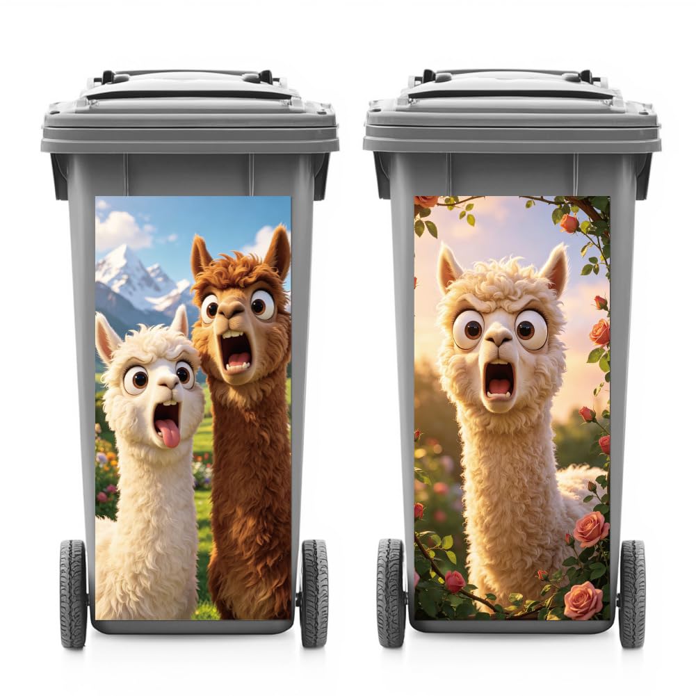 ANATTASOUL 2 Sheets Animal Wheelie Bin Stickers Screaming Alpacas with Roses Waterproof Dustbin Covers Decor, 14.9"x 32.2" Adhesive Large Decal for Bins, Fridge, Wall Outdoor, Indoor Decoration