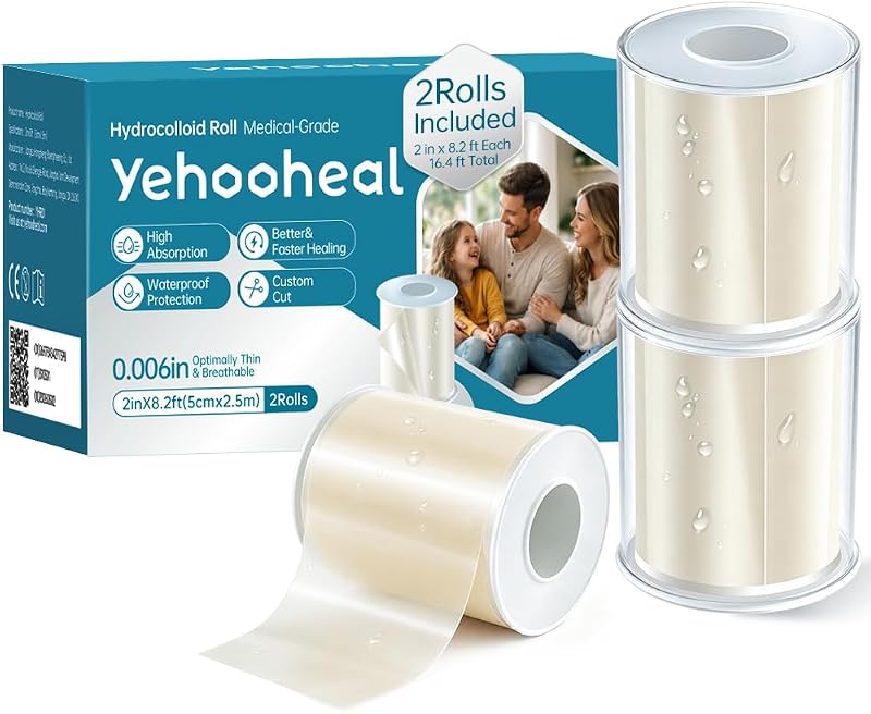 Medical Grade Hydrocolloid Roll with Storage Case-0.006in Optimally Thin Super Absorbent Hydrocolloid Bandages Patch Waterproof for Wound Care, Blister,Acne,16.4ft Total (2in*8.2ft,2Pack)