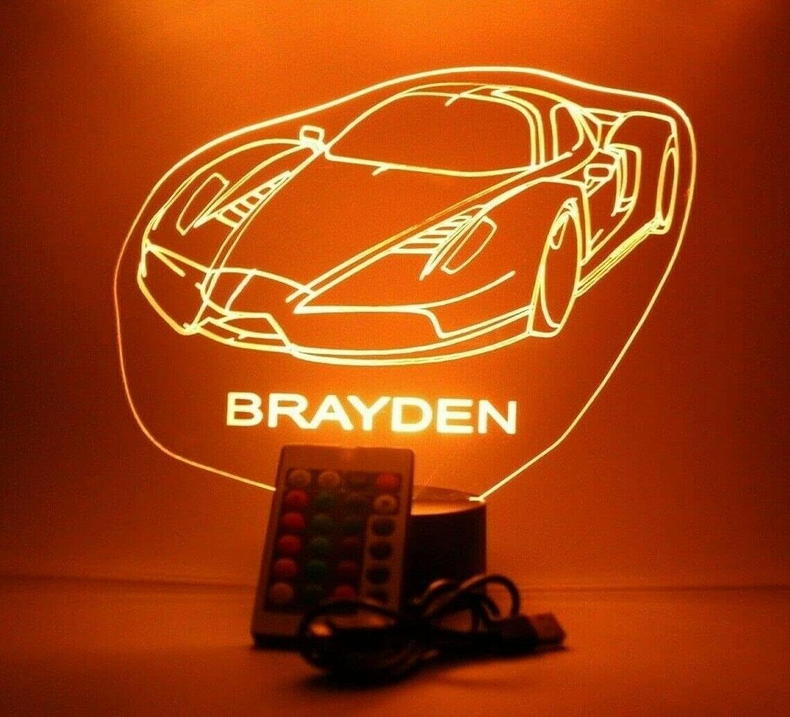 MIRROR MANIA Sports Race Car Night Light Up LED Personalized Name Engraved Fast Highly Exclusive Speed Racing Luxury Car Table Lamp 16 Color Changing Options with Remote Free Engraved, Great Gift