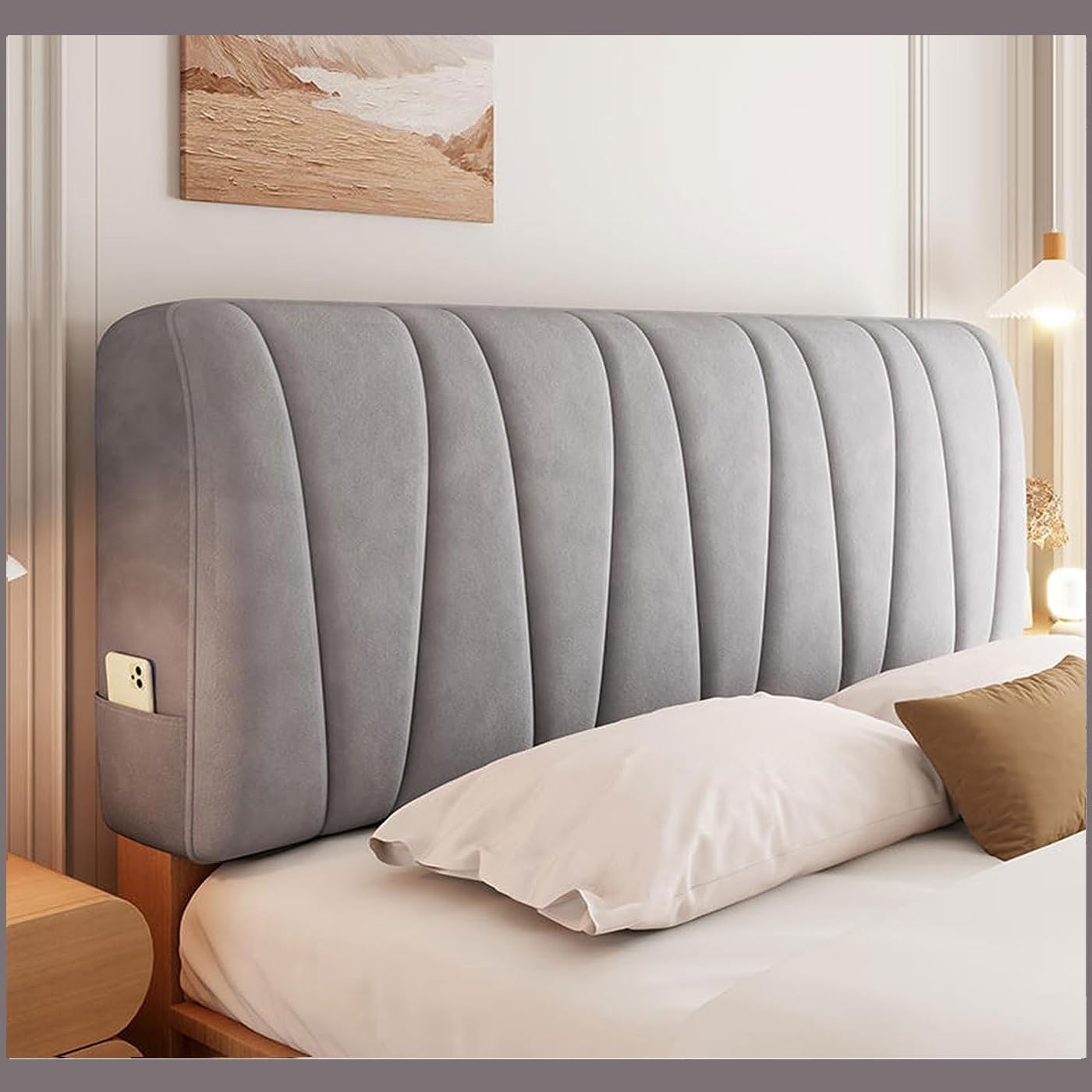 LINRIYOU Headboard Covers,Bed Velvet Slipcover For Single/King/Double,All-inclusive Bed Backrest Stretch Furniture Protective Dustproof Cover For Beds Solid Color Thicken Quilted Washable(130CM,Gray)