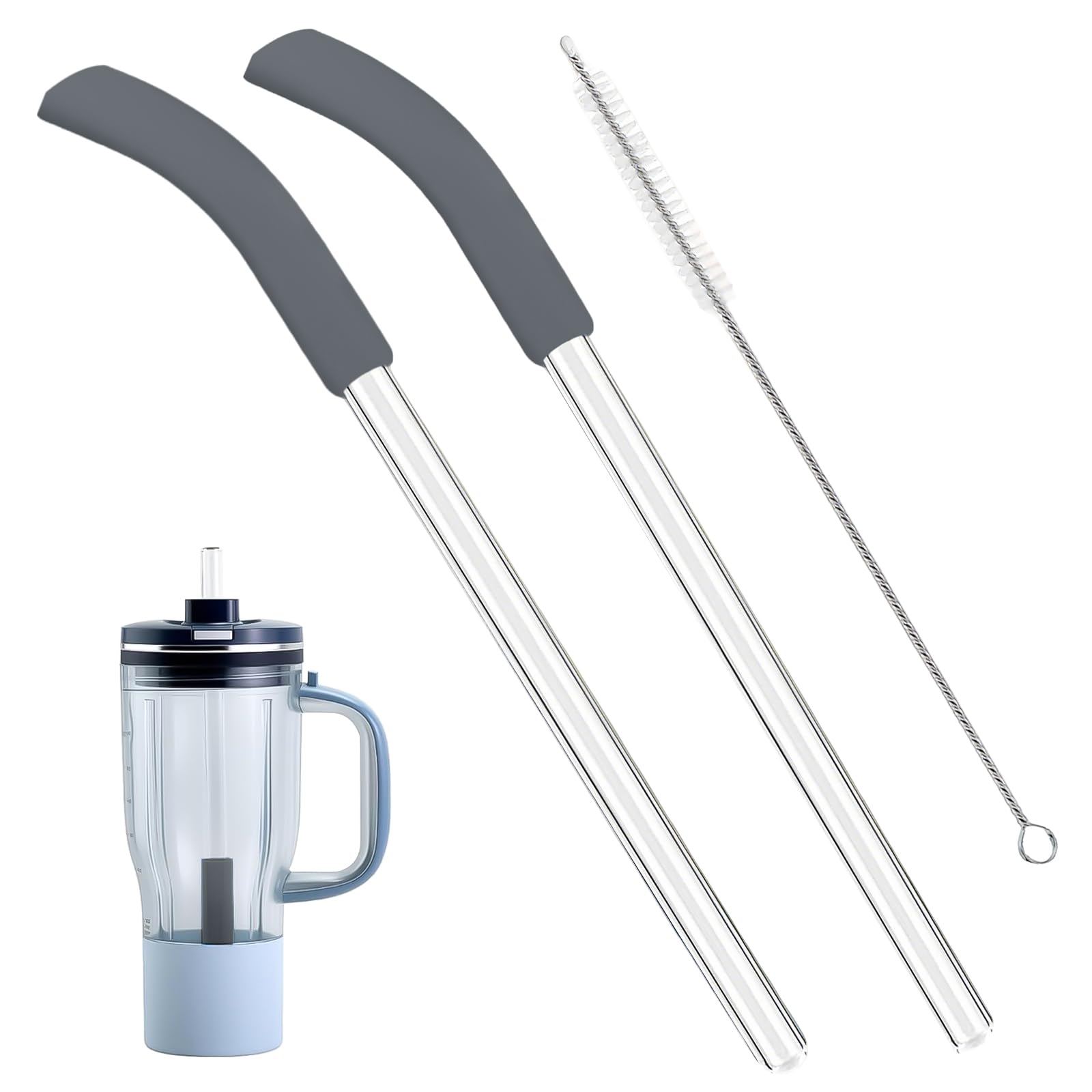 Ersatz-Strohhalm-Set für Ninja Blend Boss Mixer, 2 Wiederverwendbare Glasstrohhalme eine Reinigungsbürste, Kompatibel mit Ninja Blend Boss Reisebecher, Silikonfuß, BPA-frei