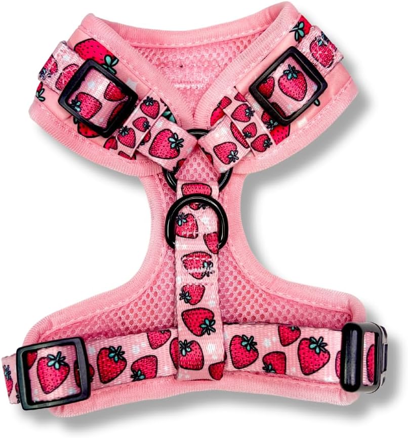 Strawberry Dog Harness – Adjustable No Pull Pet Harness with Dual D-Rings – Cute Pink Summer Design for Small to Large Dogs (XS–L) – Soft, Breathable Mesh