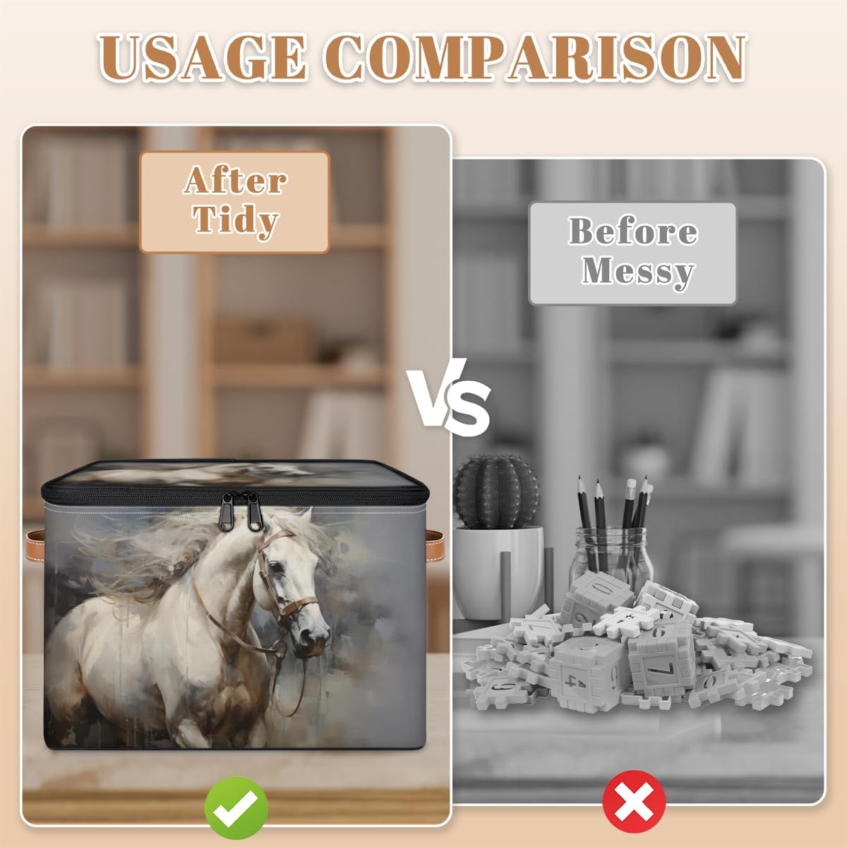 Storage Bin Set of 2 White Horse Storage Basket with Zipper Lid & Handle Foldable Closet Shelf 2 Pack Cloth Organizer Basket Cube Bins Clothes Organizer for Bedroom, Nursery