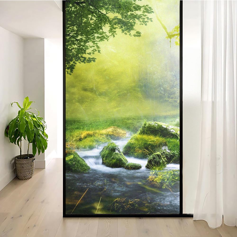 Privacy Window Film Waterfall Scene Decorative Glass Film Frosted Glue Free Static Cling Glass Window Sticker for Home Office W34.6 x H49.2(88x125cm)