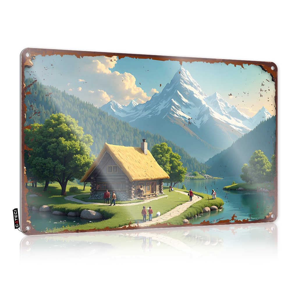 Fzfn Colour Decoration Holiday Wall Art - Mountain Retreat: A Serene Cabin By The Lake With Majestic Peaks Designer Nice Retro Style Decoration For Playroom(20X30cm)