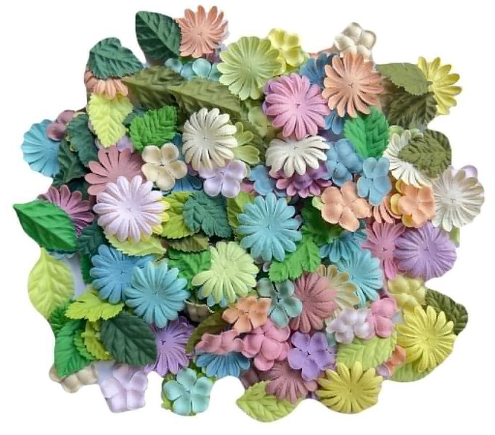 100 Pcs Handmade Mixed Mulberry Paper Flowers Petals and Leaves Scrapbooking Wedding DIY Craft Supplies Card (Mixed Colors Flowers/Green Tone Leaves)