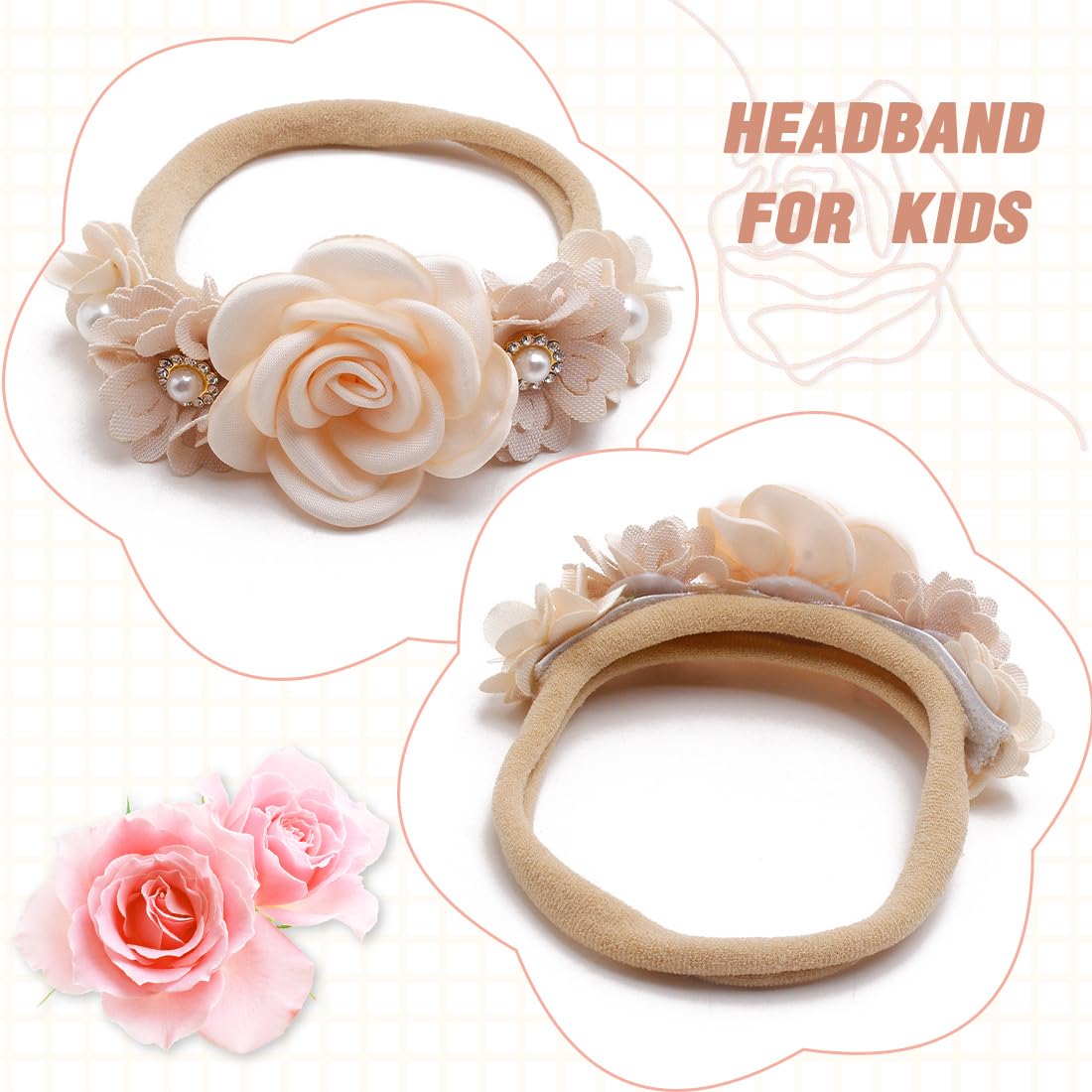 3 Fascette Capelli Neonata Battesimo - Rosa Floreale Con Fiori | Elastiche Per Bambine