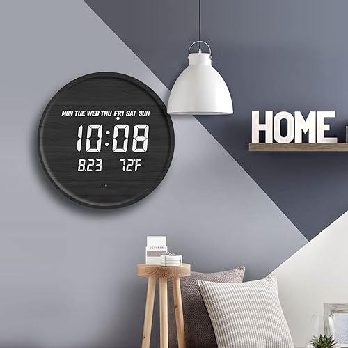 Miniatura 6 de Reloj de pared digital inteligente, pantalla grande con temperatura de 1224 horas, relojes de madera, negro, inalámbrico, automático, moderno, con