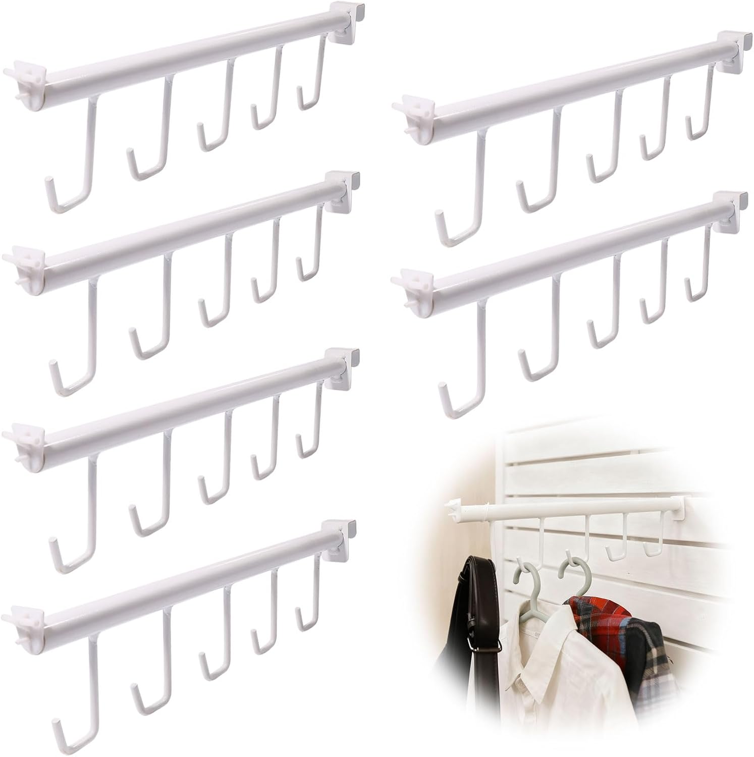 6 Pcs Gridwall Waterfall Faceout with 5 Hooks 22 Lbs Load Heavy Duty Hooks for Grid Wall Accessory Rectangular Tube Display for Retail Store Grid Wall Home Stroage, White