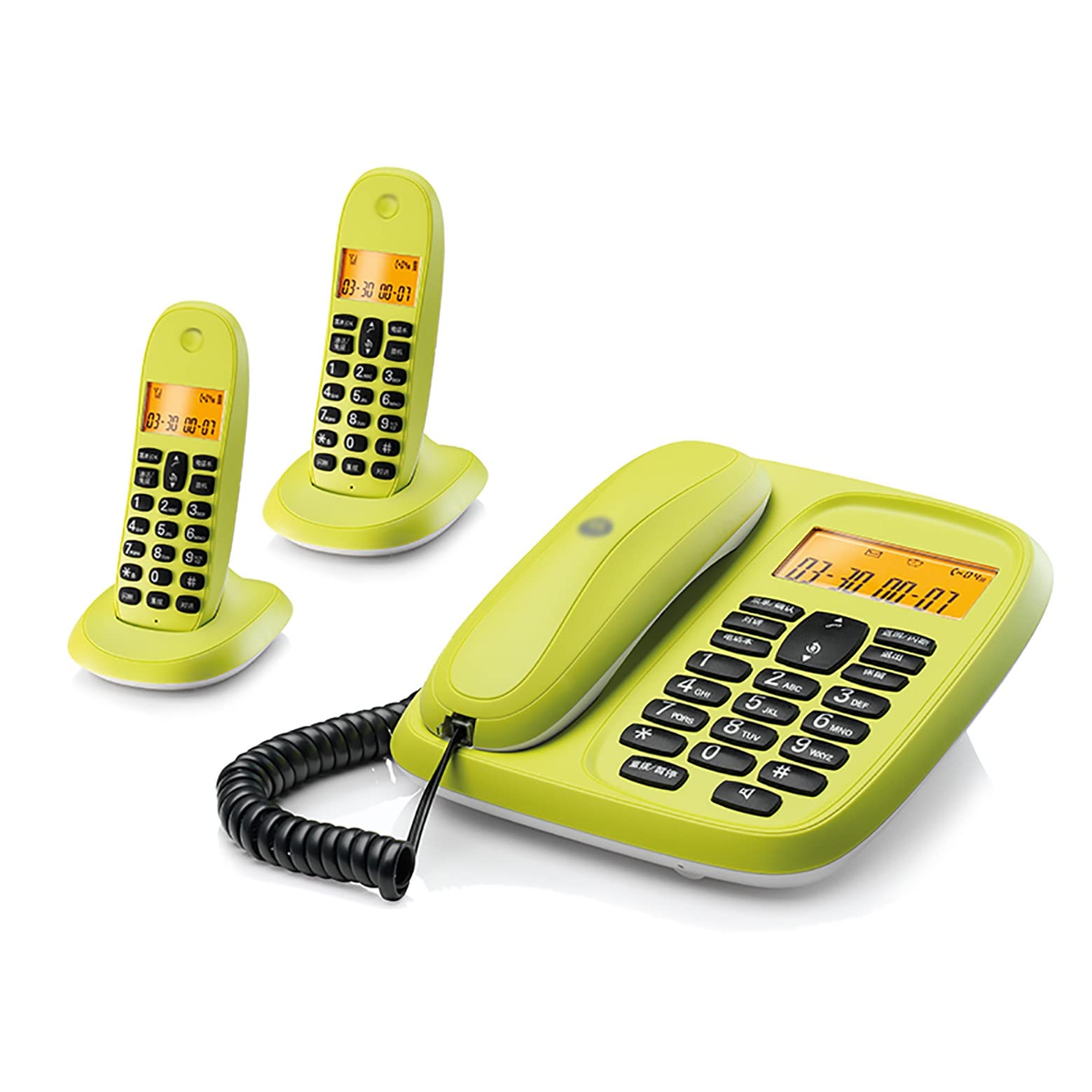 telefon bezprzewodowy + stacjonarny telefon stacjonarny, z blokadą połączeń irytujących, wyświetlacz z białym tłem, menu w języku angielskim, rozmowy w trybie głośnomówią(Zielony 2)