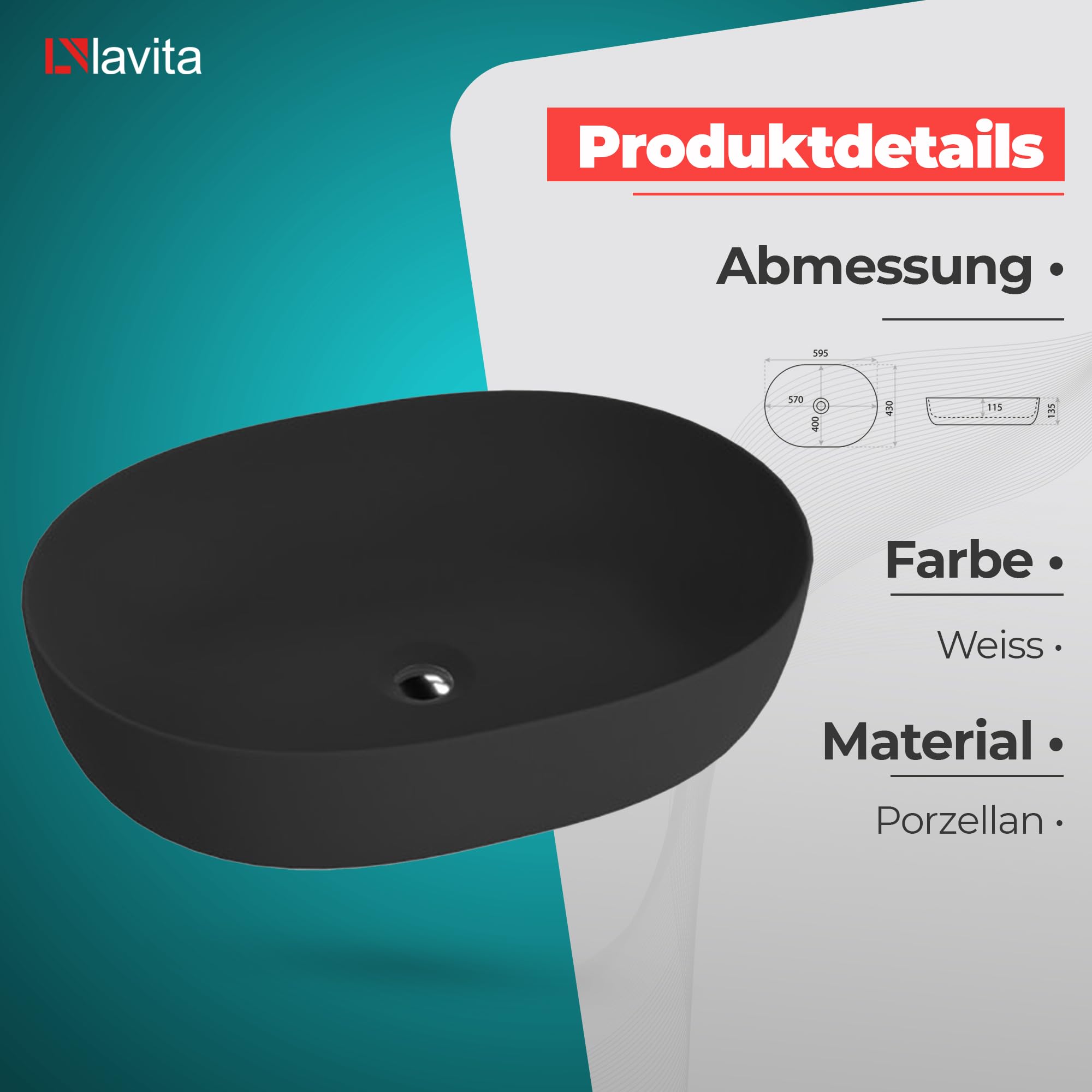 LAVITA Blas Black - Lavabo da appoggio ovale senza troppopieno e foro per rubinetto, in porcellana di alta qualità, moderno lavabo in ceramica, 59,5 x 43 x 13,5 cm, nero opaco