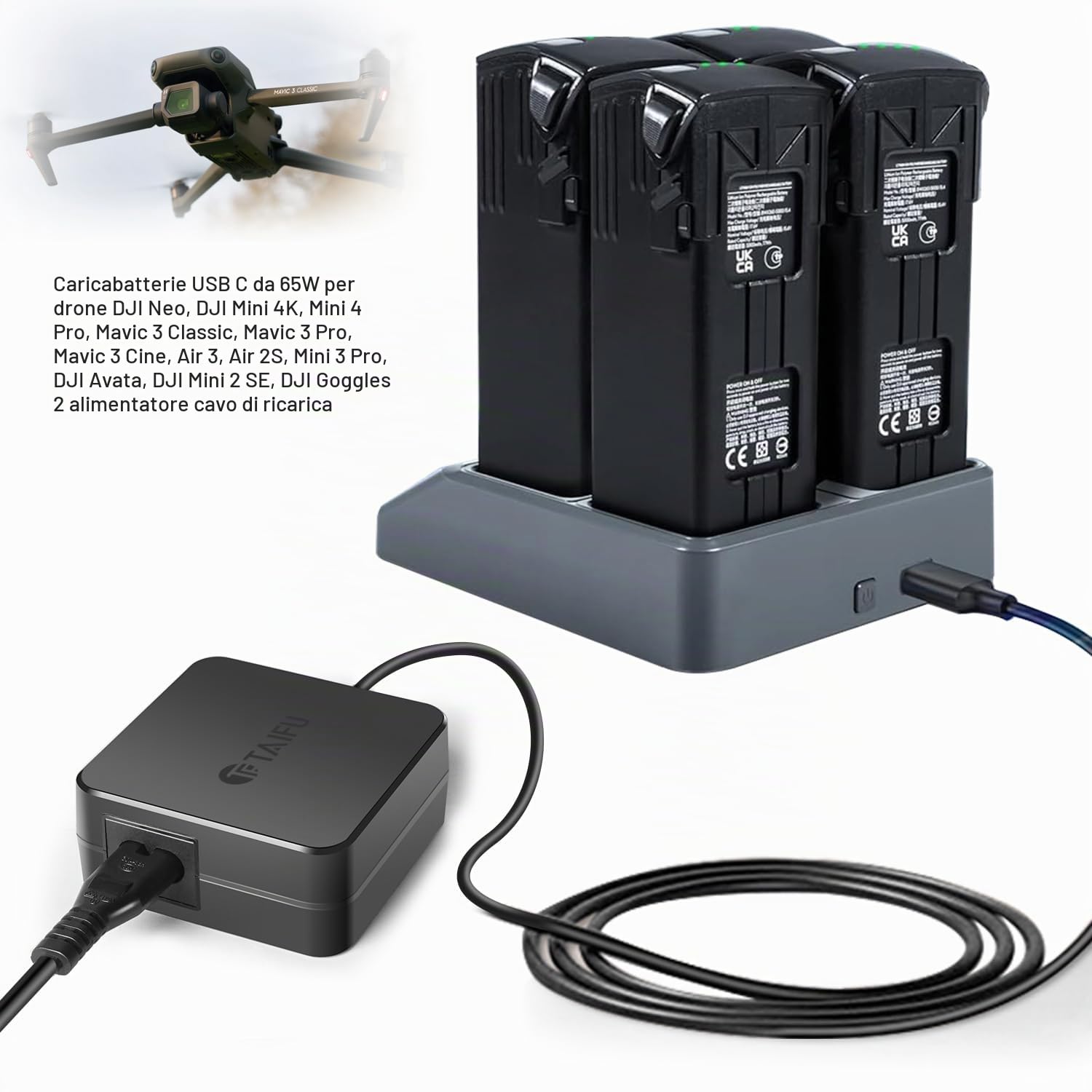 TAIFU 65W USB C Caricabatterie per Drone DJI Neo, Mini 4K, Mavic 3 Classic, Pro, Cine, Air 3, Avata, Mini 2 SE, Goggles 2 Alimentatore