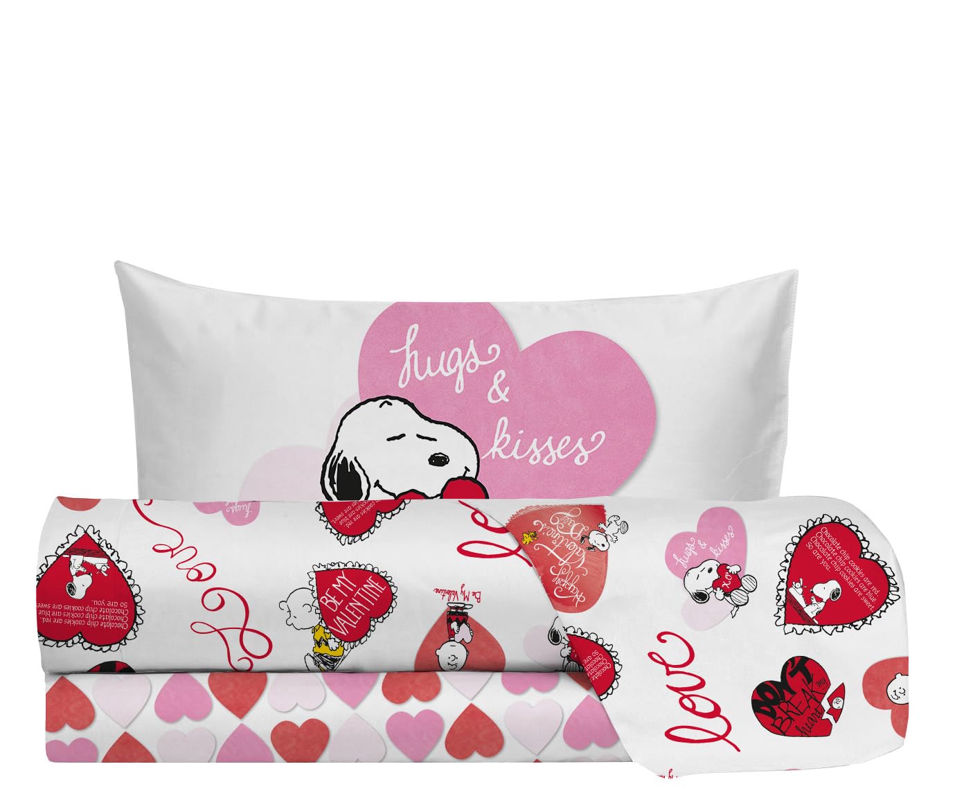 hermet Peanuts, Set Lenzuolo Letto Singolo, Completo Letto Singolo, Lenzuolo Sopra, Lenzuolo Con Angoli, Federa, Cuori, 100% Cotone, Prodotto Ufficiale
