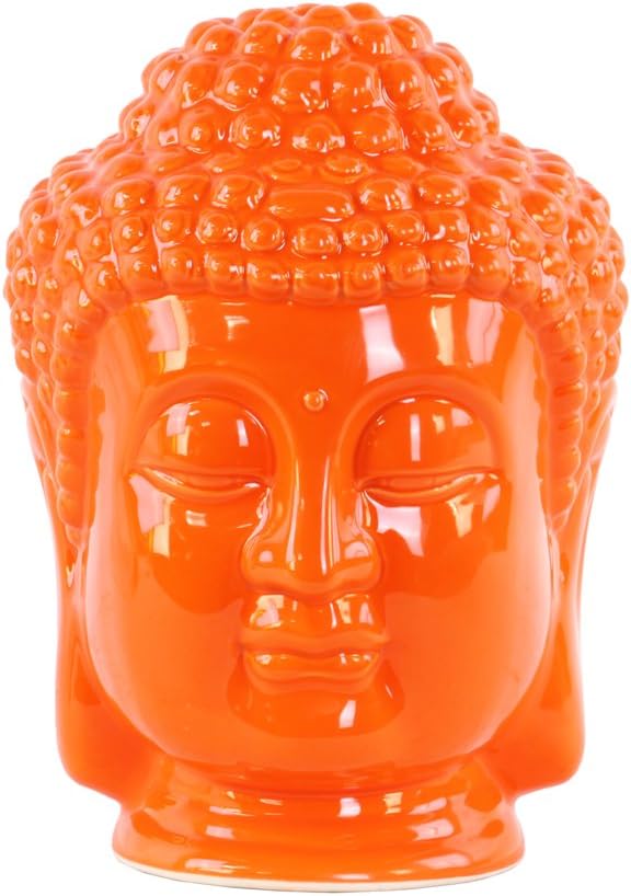 Urban Trends Ceramic Buddha Head with Beaded Ushnisha Gloss Finish Orange, Orange