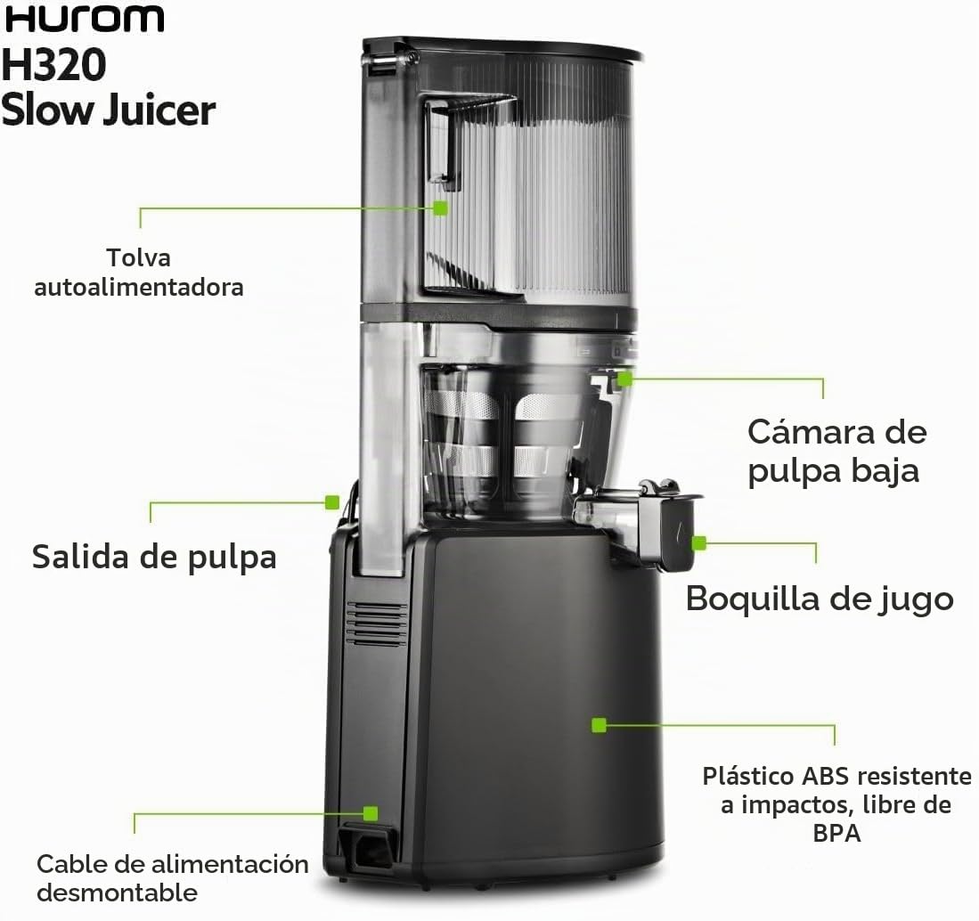 HUROM Exprimidor lento,Exprimidor de verduras y frutas,H320N,Prensa fría eléctrica,Motor silencioso,Fácil de limpiar,Con recipiente grande y filtro de colador,2 l,200 W,Sin BPA,Negro