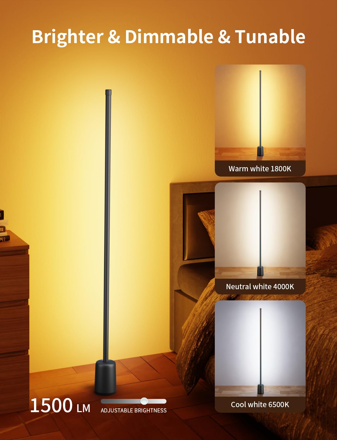 Ailofy Lampada da terra angolare, 1500lm RGBW, lampada angolare funziona con Alexa e Google Assistant, 16 milioni di colori fai da te, sincronizzazione con musica, controllo app, moderna lampada da