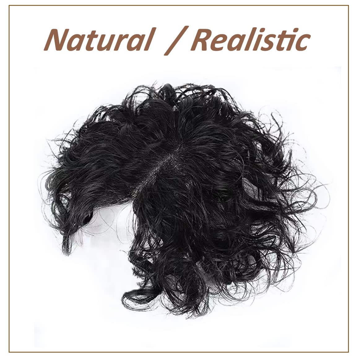 Short Fluffy Curly Human Hair Topper Top Hairpiece Toupee Clip in Hair Extension 6x12cm Simulated Scalp Silk Skin Base Natural Curly Topper Hair Piece for Women to Cover Hair Seam Black Color