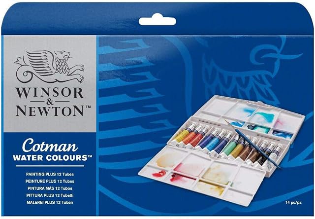 Winsor & Newton 0390377 Cotman Painting Plus zestaw 12 żywych farb wodnych z wysokiej jakości pigmentów o bardzo dobrej ostrości kolorów w tubkach 8 ml z pędzlem i paletą mieszaną