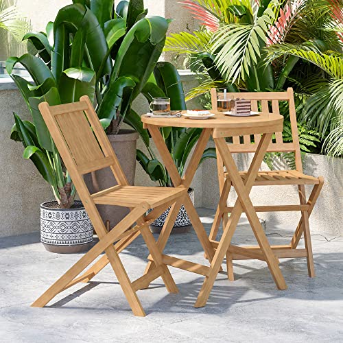 Flash Furniture Martindale 3 Piece Folding Patio Bistro Set - Natural Finish Acacia Wood - Indoor/Outdoor Round Table - 2 Chairs - Slatted Tabletop, Back And Seat #TOP3