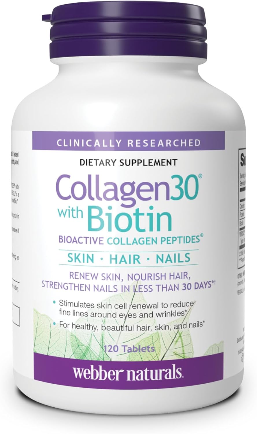 Webber Naturals Collagen30 with Biotin, 2,500 mg of Bioactive Collagen Peptides with 5,000 mcg of Biotin Per Serving, 120 Tablets, For Advanced Nourishment of Skin, Hair and Nails, Dairy & Gluten Free