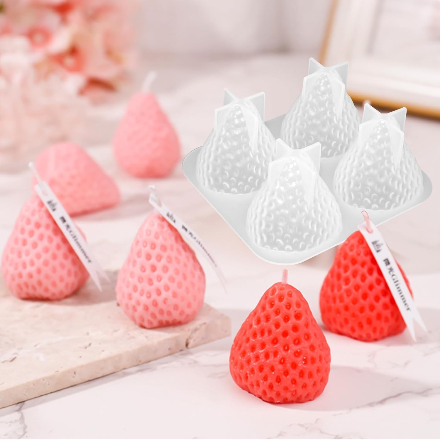 3D Strawberry Silicone Mold, 3 Pcs 4-Cavity Strawberry Scented Candle Soap Fondant Mold Fruit Epoxy Resin Casting Mold for Home Decor(Large, Medium, Small)