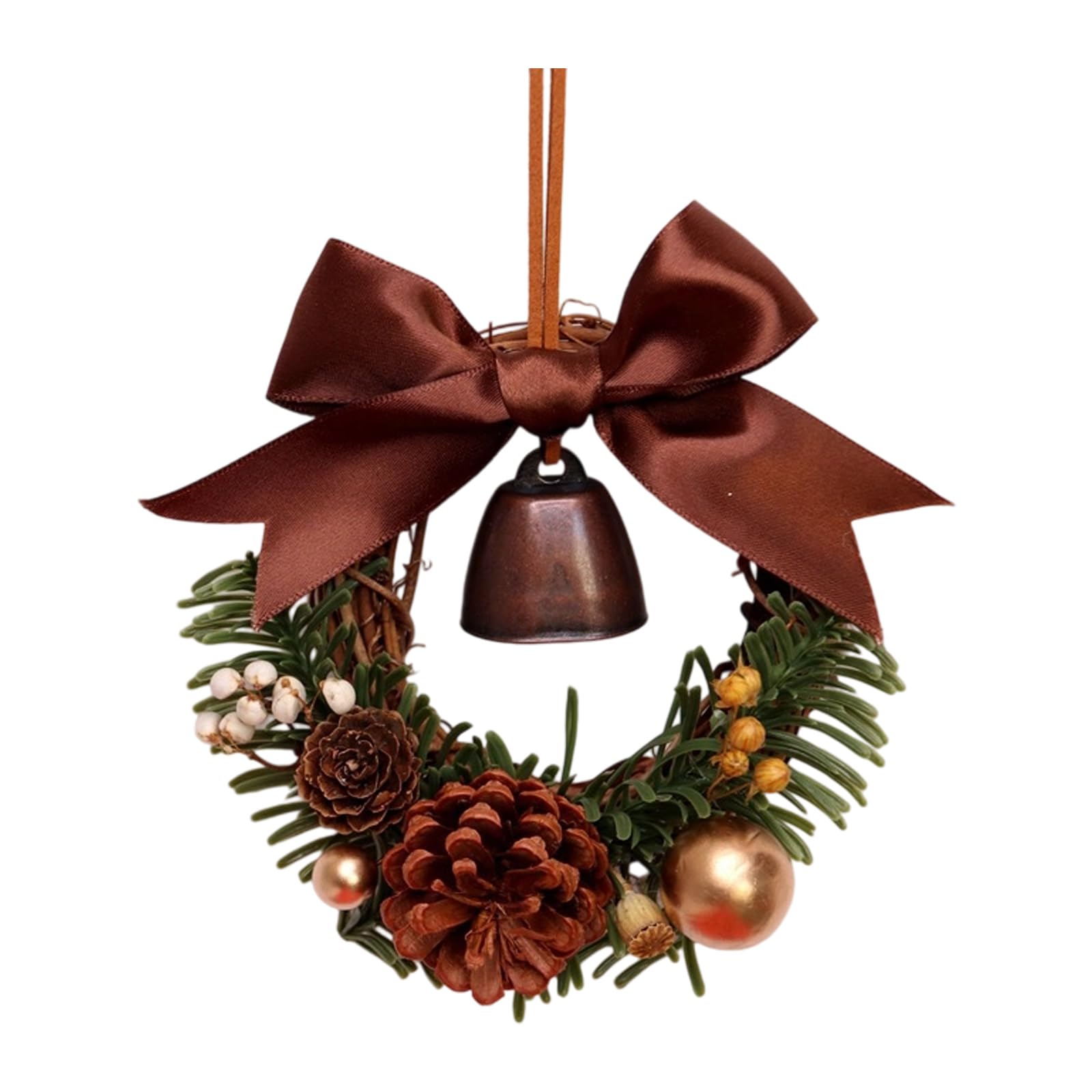 Qusinfc Holiday Wreath Hanging Ornament for Front Door 12cm Christmas Wreath with Pinecone Bells for Christmas Tree Decoration Bells Ornament