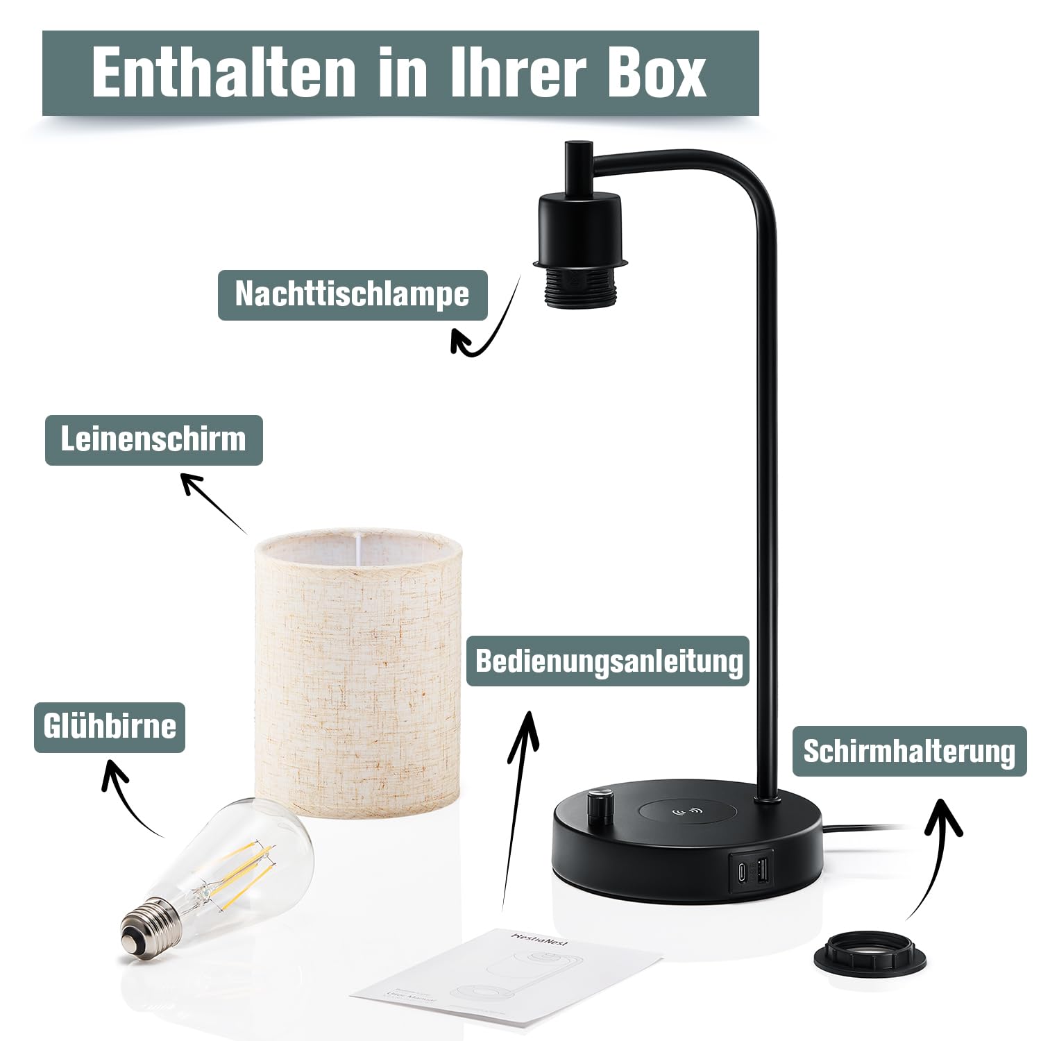 Nachttischlampe Schlafzimmer LED mit Induktionsladegerät und USB-C+A Ladeanschlüssen Schreibtischlampe Leselampe ideal Nachttischlampe Dimmbar Lampenschirm Leinen Ladegerät